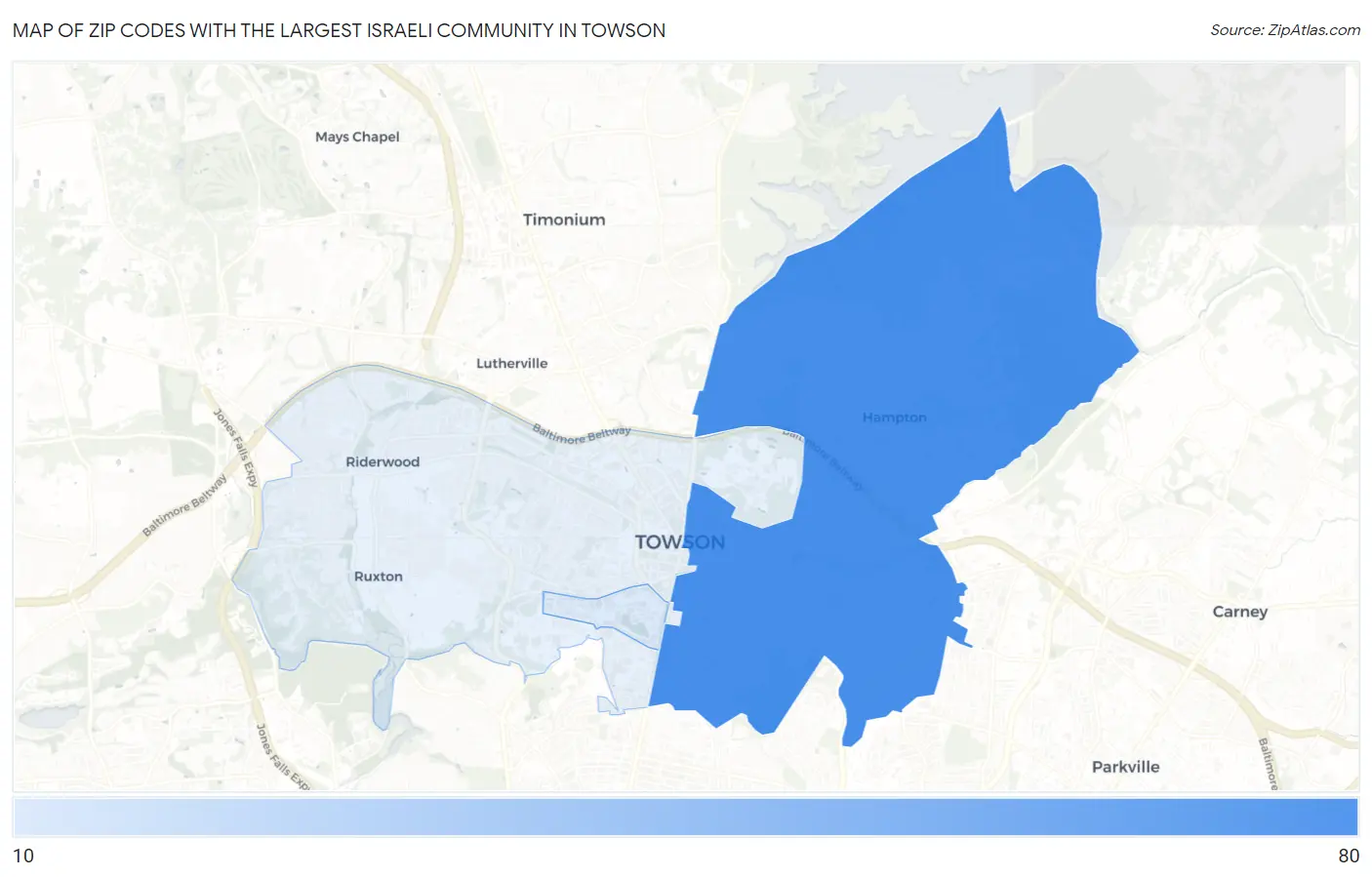Zip Codes with the Largest Israeli Community in Towson Map
