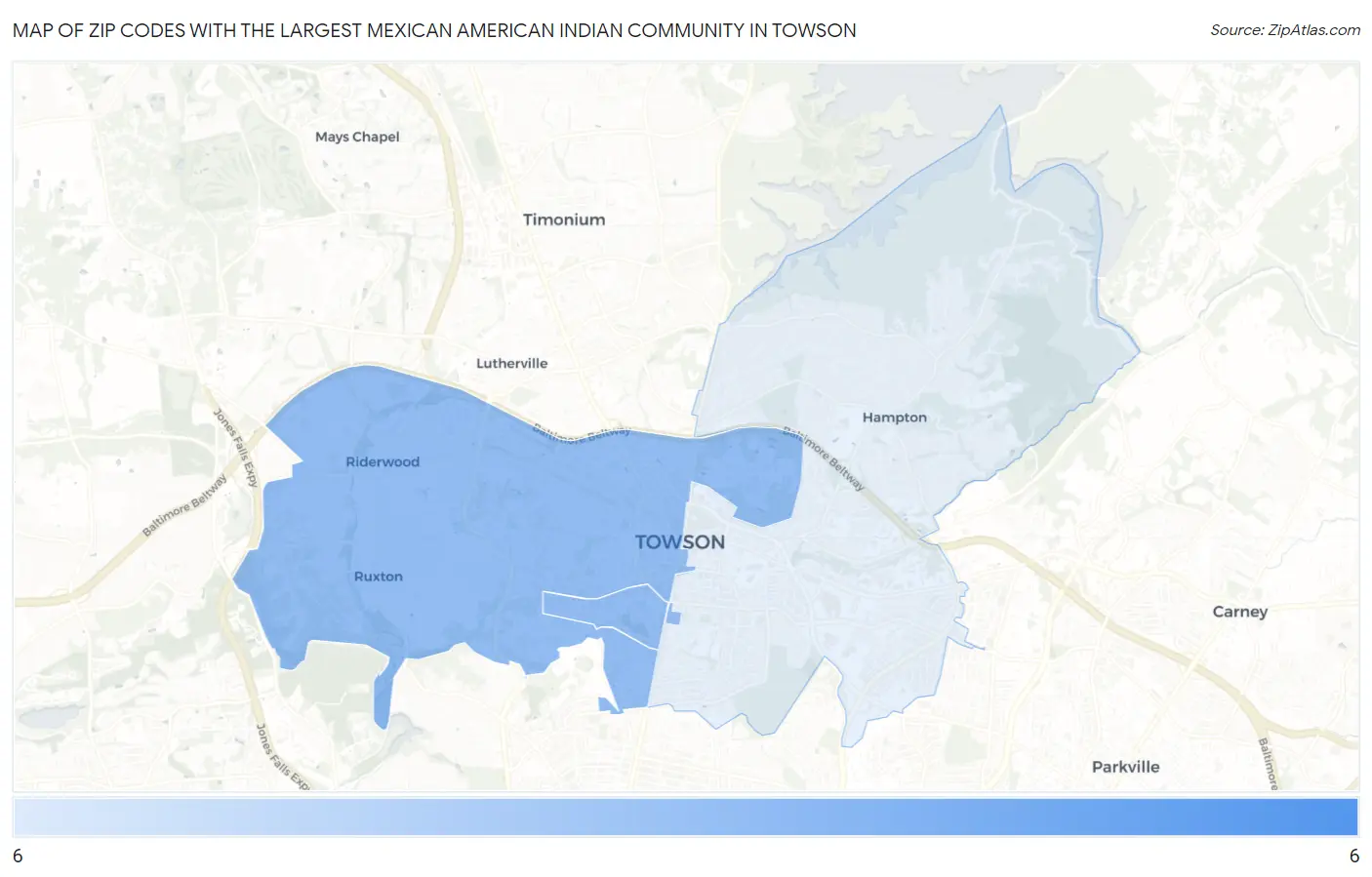 Zip Codes with the Largest Mexican American Indian Community in Towson Map