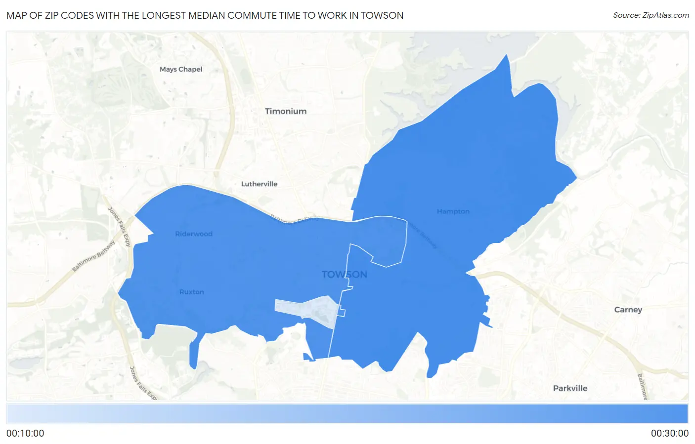 Zip Codes with the Longest Median Commute Time to Work in Towson Map