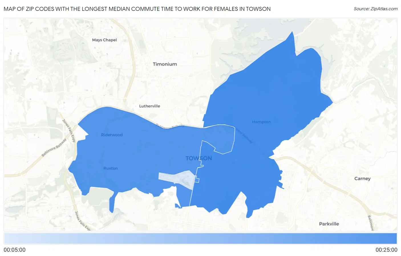 Zip Codes with the Longest Median Commute Time to Work for Females in Towson Map