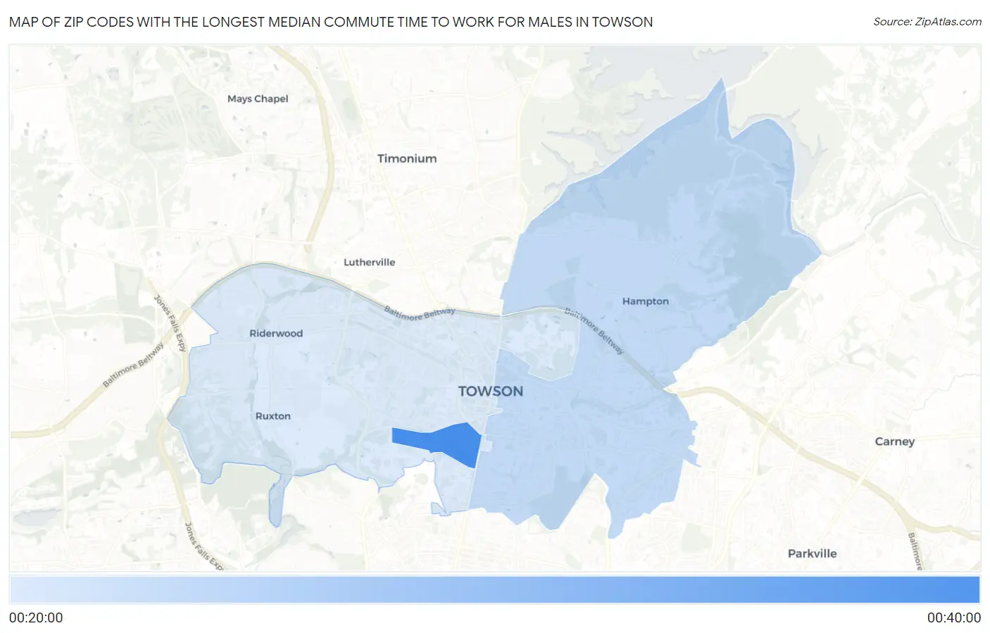 Zip Codes with the Longest Median Commute Time to Work for Males in Towson Map