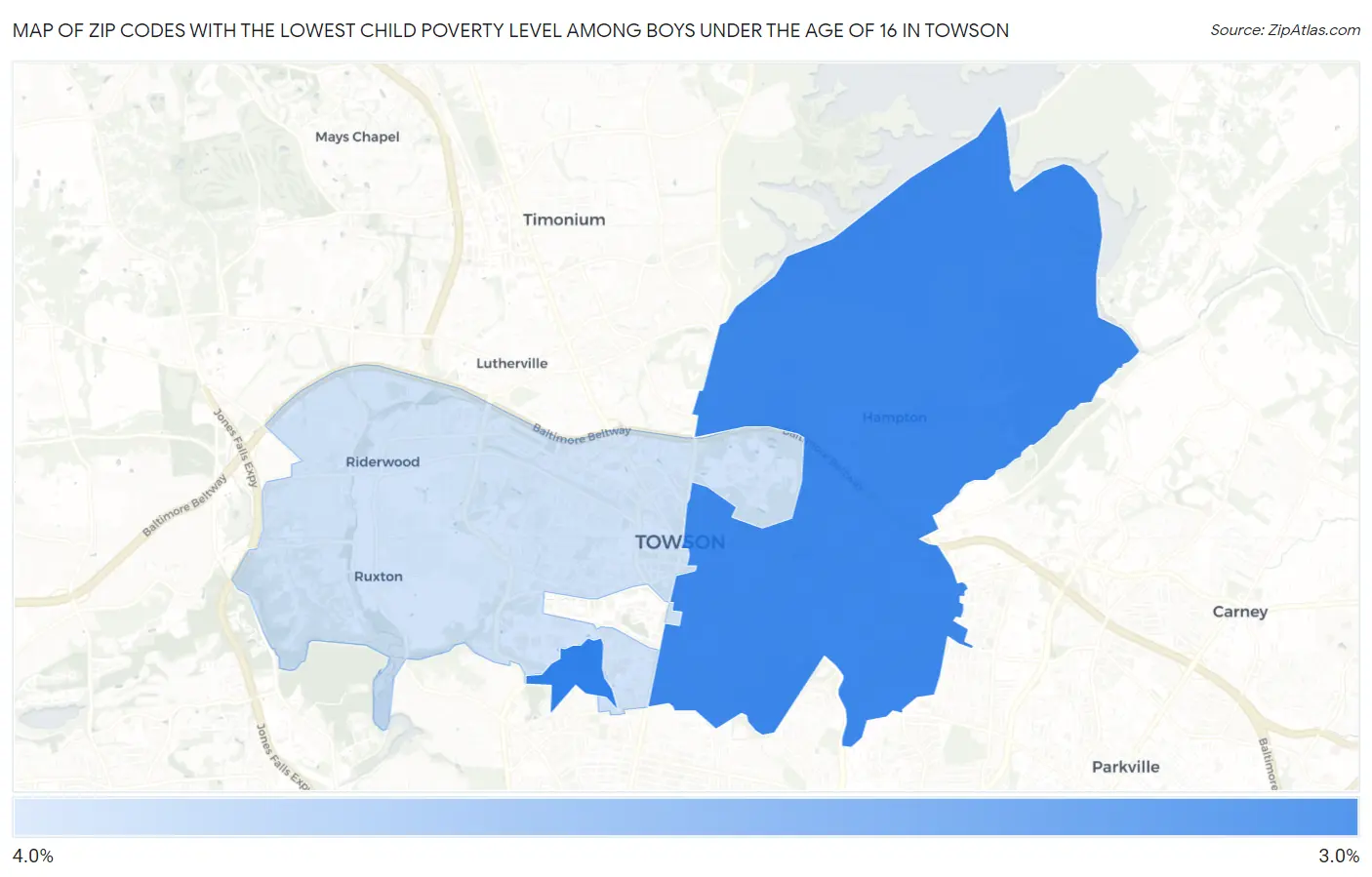Zip Codes with the Lowest Child Poverty Level Among Boys Under the Age of 16 in Towson Map