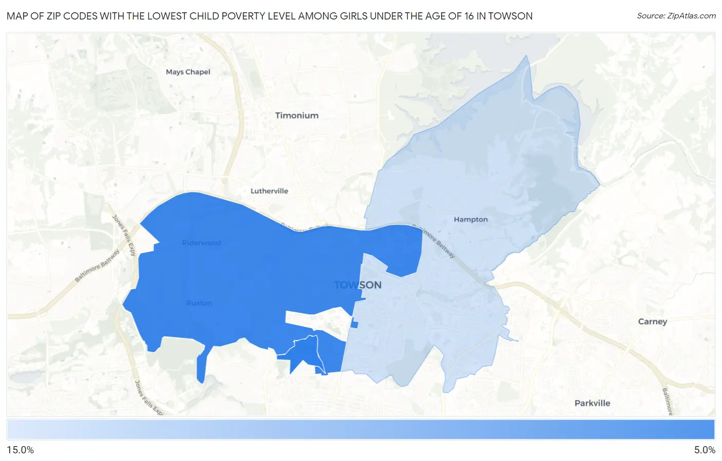 Zip Codes with the Lowest Child Poverty Level Among Girls Under the Age of 16 in Towson Map