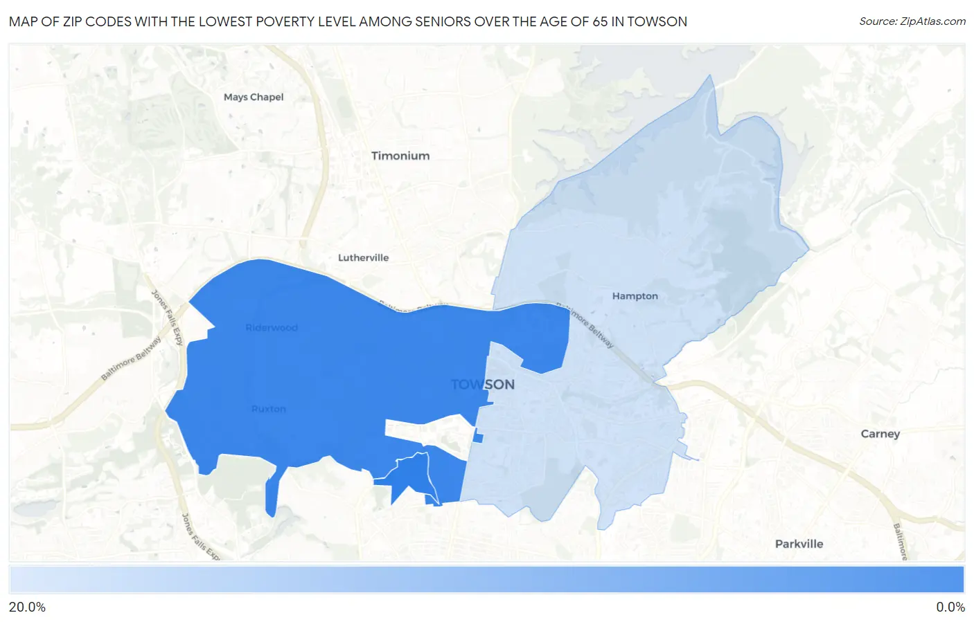 Zip Codes with the Lowest Poverty Level Among Seniors Over the Age of 65 in Towson Map