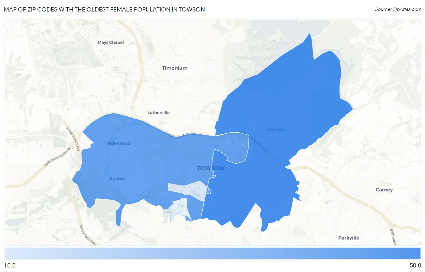 Zip Codes with the Oldest Female Population in Towson Map