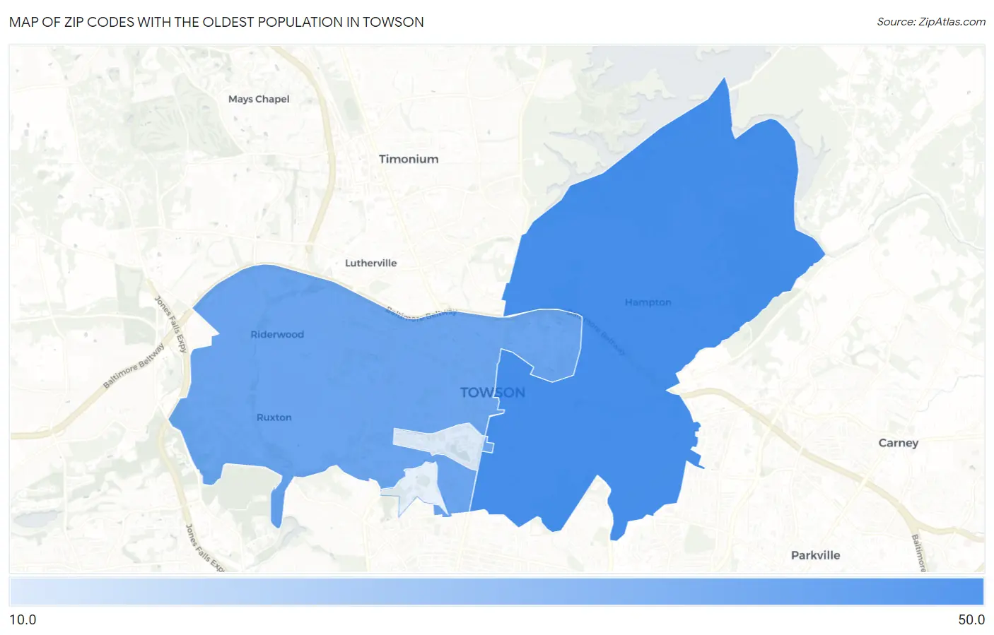 Zip Codes with the Oldest Population in Towson Map