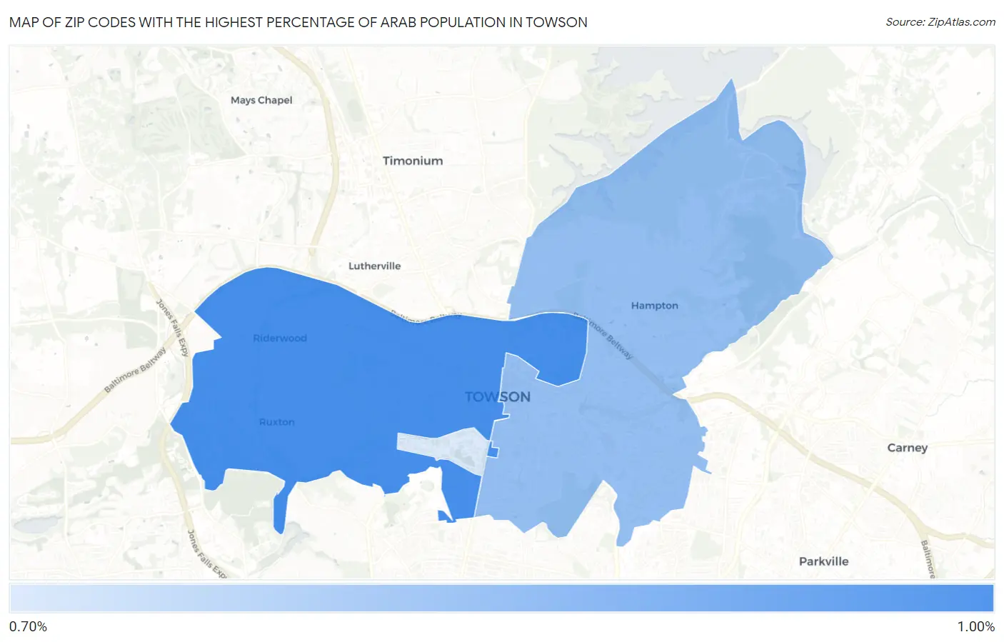 Zip Codes with the Highest Percentage of Arab Population in Towson Map