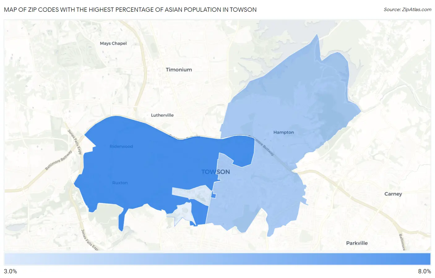Zip Codes with the Highest Percentage of Asian Population in Towson Map