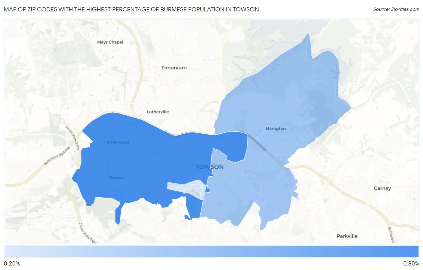 Zip Codes with the Highest Percentage of Burmese Population in Towson Map