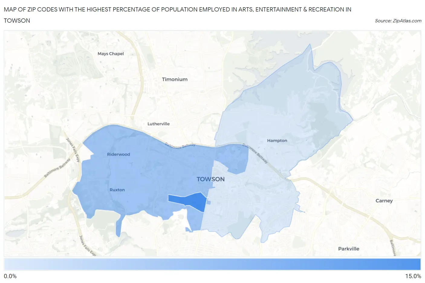 Zip Codes with the Highest Percentage of Population Employed in Arts, Entertainment & Recreation in Towson Map