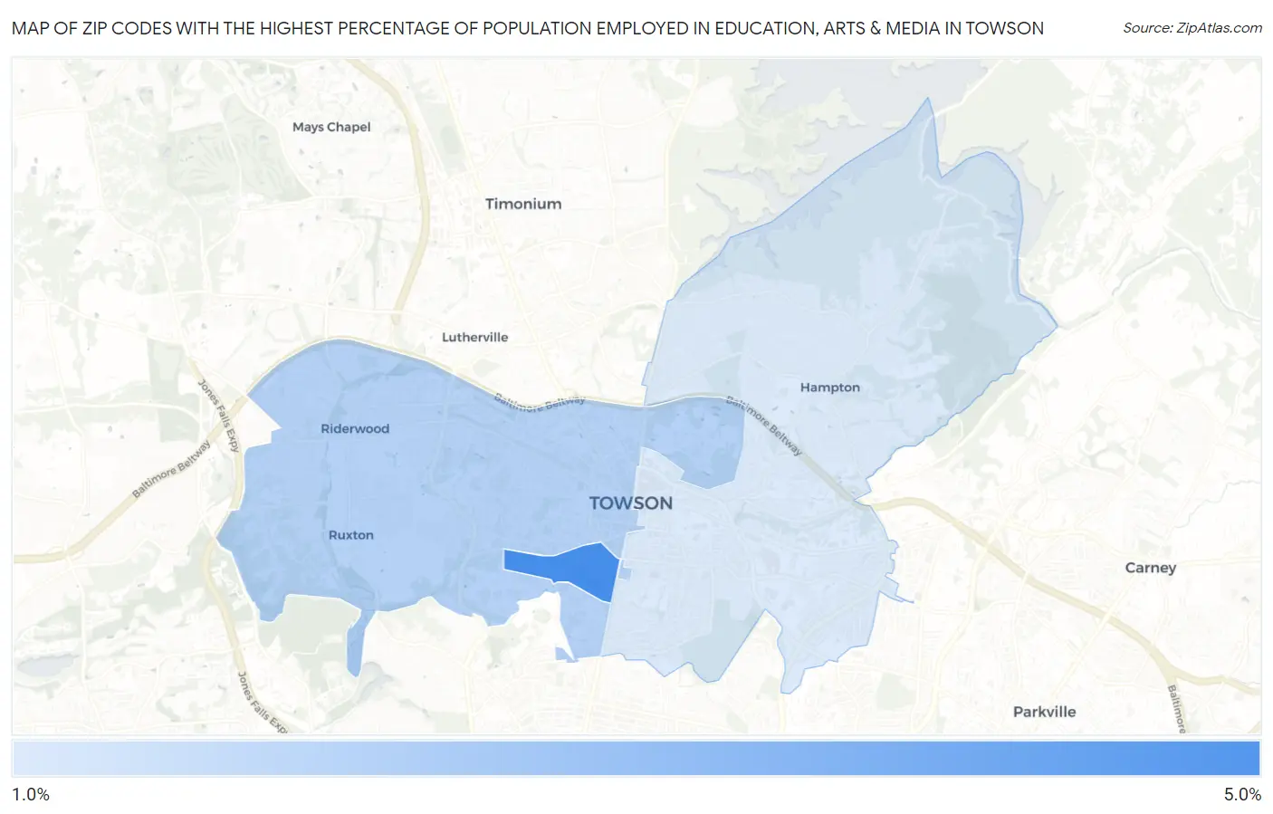 Zip Codes with the Highest Percentage of Population Employed in Education, Arts & Media in Towson Map