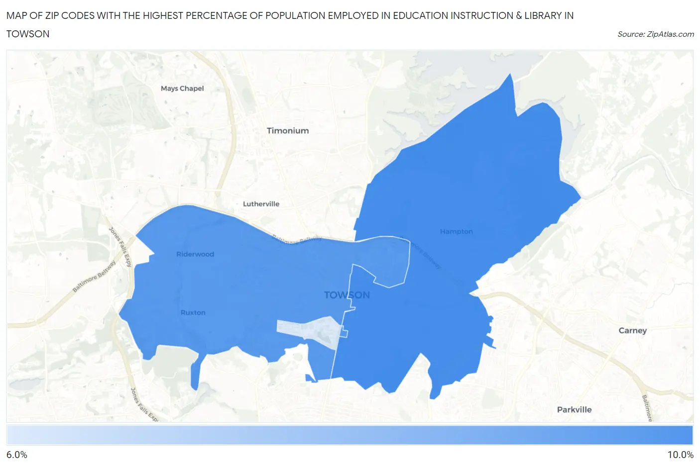 Zip Codes with the Highest Percentage of Population Employed in Education Instruction & Library in Towson Map