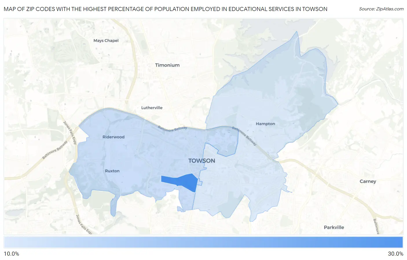 Zip Codes with the Highest Percentage of Population Employed in Educational Services in Towson Map