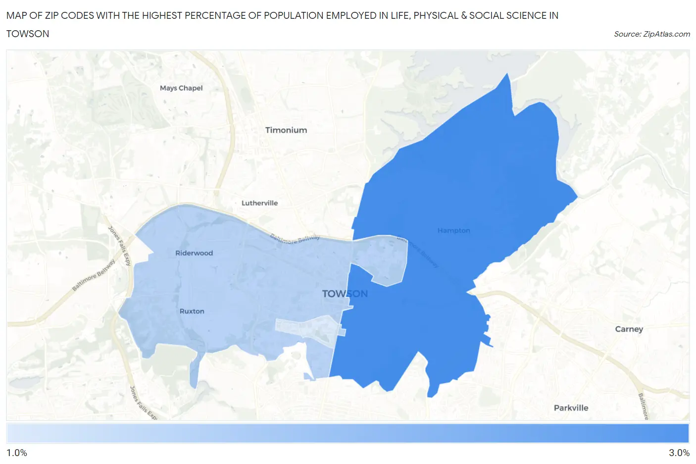 Zip Codes with the Highest Percentage of Population Employed in Life, Physical & Social Science in Towson Map