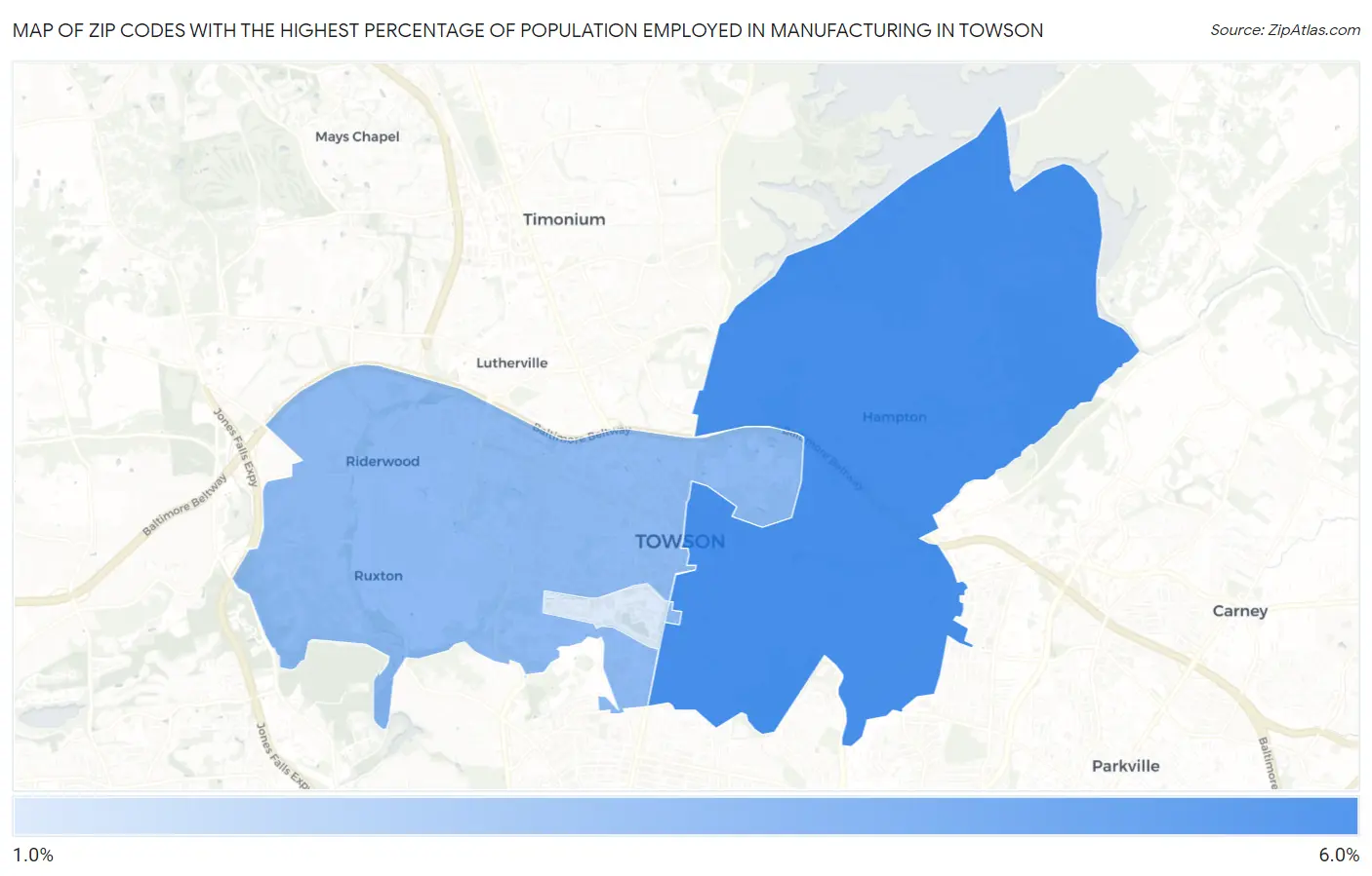 Zip Codes with the Highest Percentage of Population Employed in Manufacturing in Towson Map