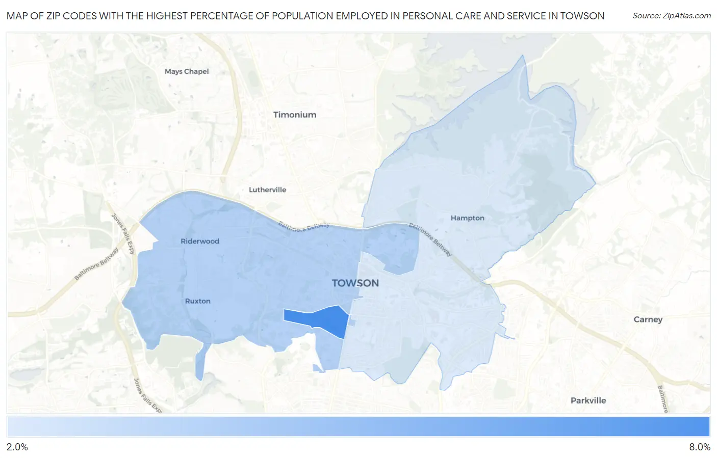 Zip Codes with the Highest Percentage of Population Employed in Personal Care and Service in Towson Map