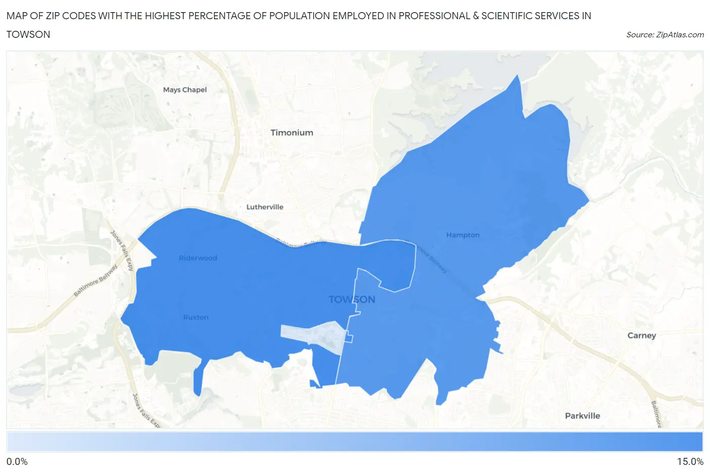 Zip Codes with the Highest Percentage of Population Employed in Professional & Scientific Services in Towson Map