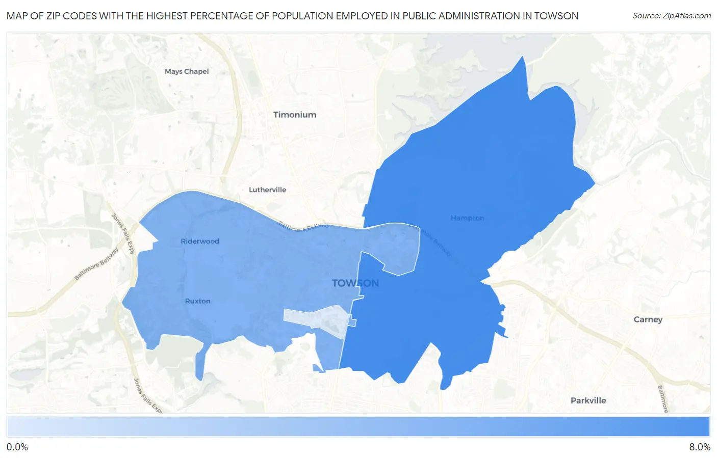 Zip Codes with the Highest Percentage of Population Employed in Public Administration in Towson Map