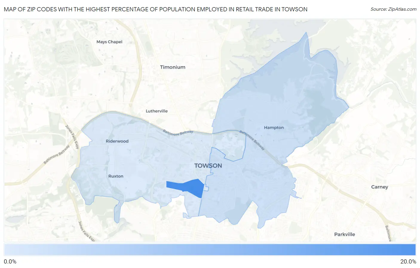 Zip Codes with the Highest Percentage of Population Employed in Retail Trade in Towson Map