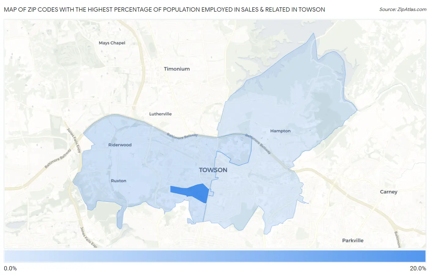 Zip Codes with the Highest Percentage of Population Employed in Sales & Related in Towson Map