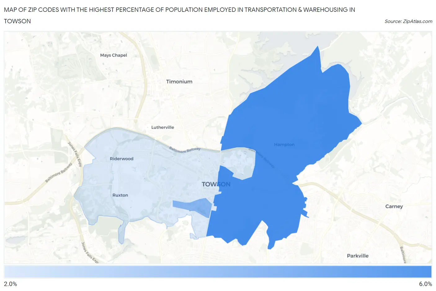 Zip Codes with the Highest Percentage of Population Employed in Transportation & Warehousing in Towson Map