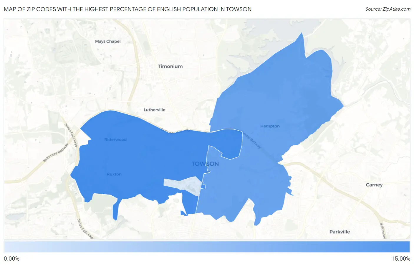 Zip Codes with the Highest Percentage of English Population in Towson Map