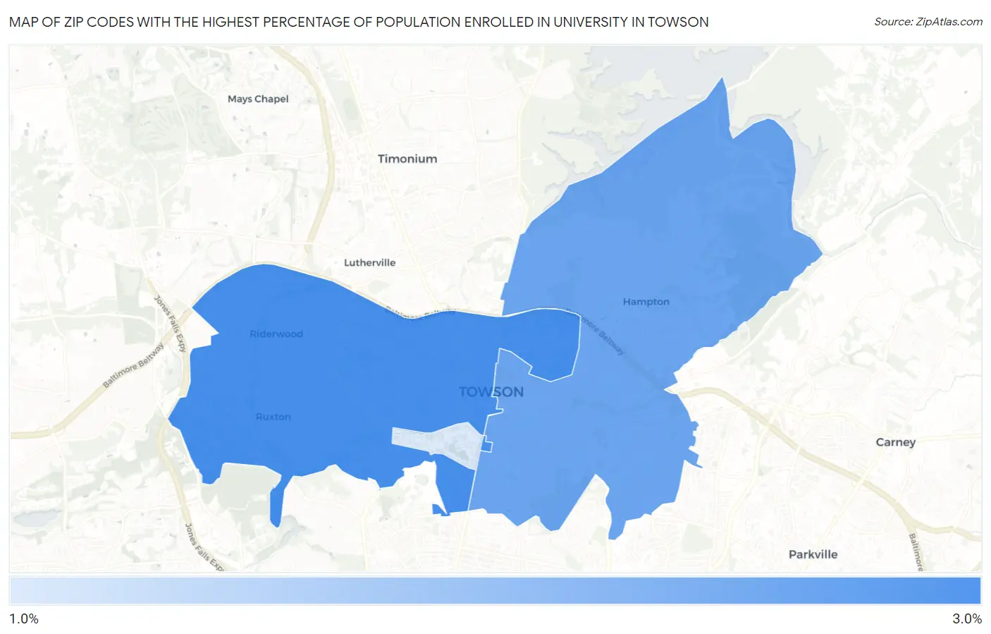 Zip Codes with the Highest Percentage of Population Enrolled in University in Towson Map