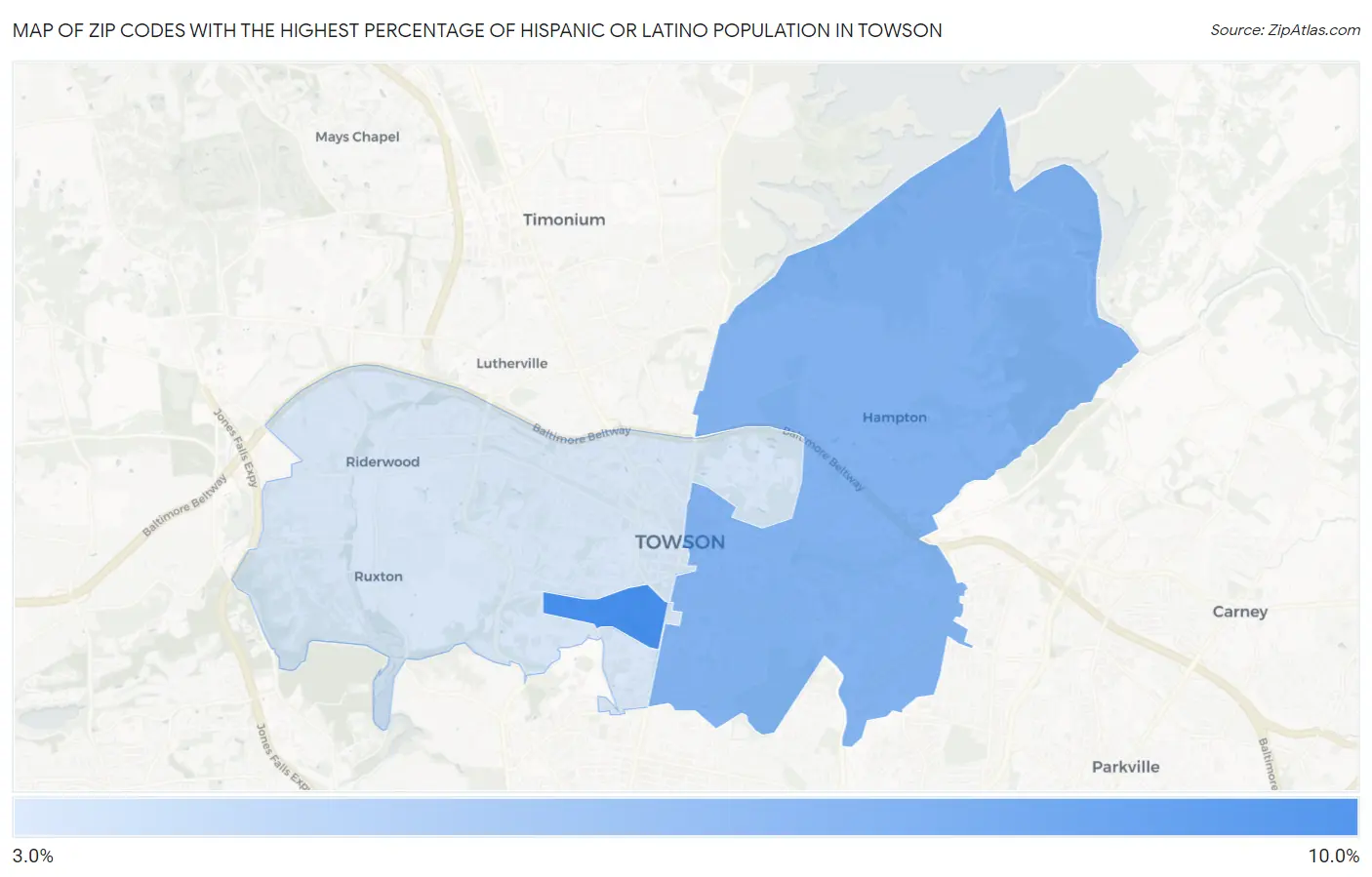 Zip Codes with the Highest Percentage of Hispanic or Latino Population in Towson Map