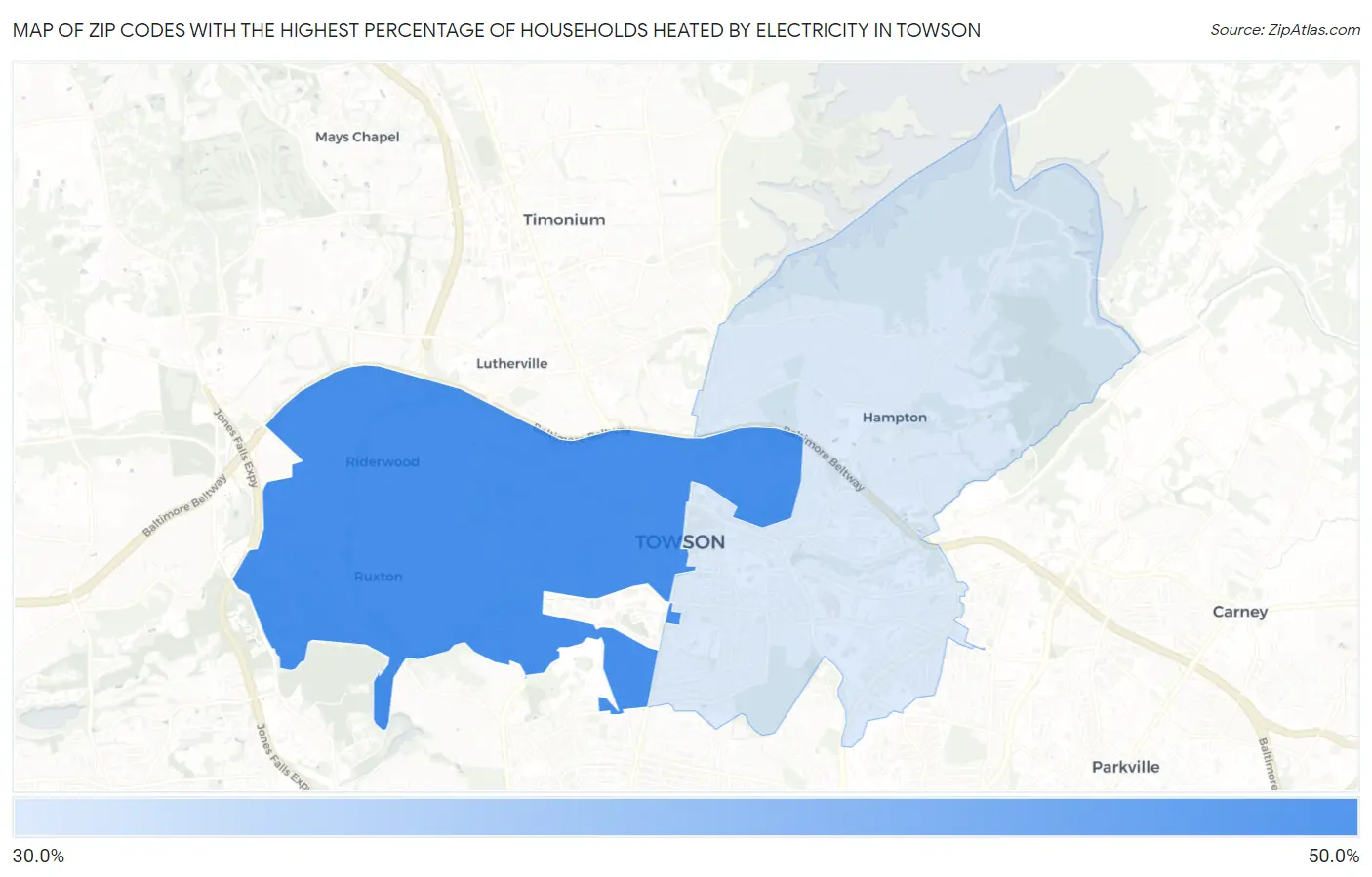 Zip Codes with the Highest Percentage of Households Heated by Electricity in Towson Map
