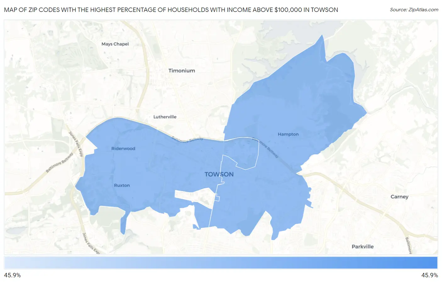 Zip Codes with the Highest Percentage of Households with Income Above $100,000 in Towson Map