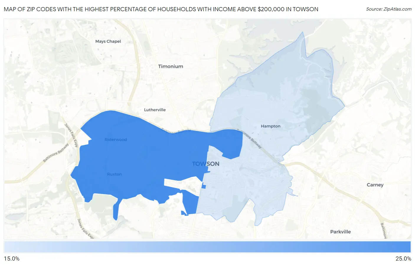 Zip Codes with the Highest Percentage of Households with Income Above $200,000 in Towson Map