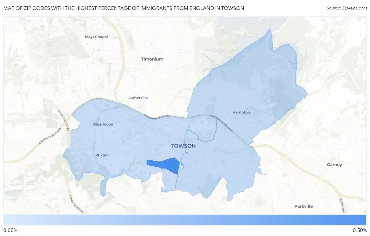 Zip Codes with the Highest Percentage of Immigrants from England in Towson Map