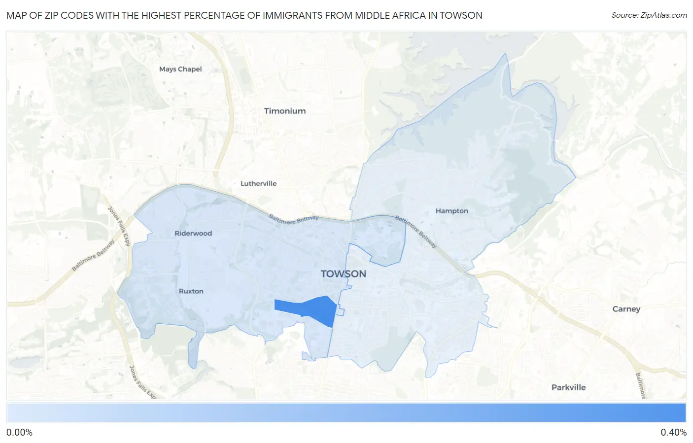 Zip Codes with the Highest Percentage of Immigrants from Middle Africa in Towson Map
