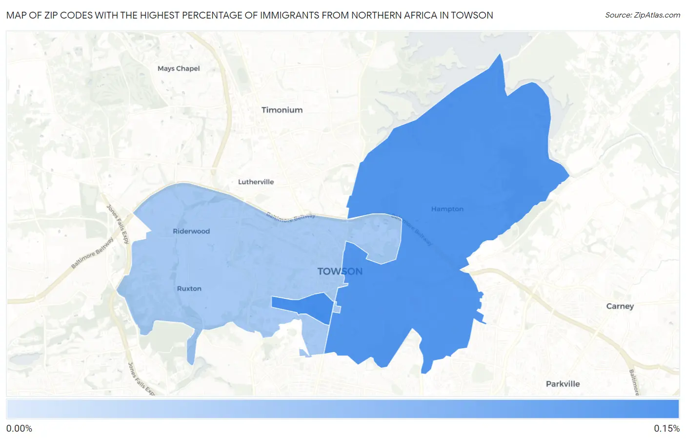 Zip Codes with the Highest Percentage of Immigrants from Northern Africa in Towson Map