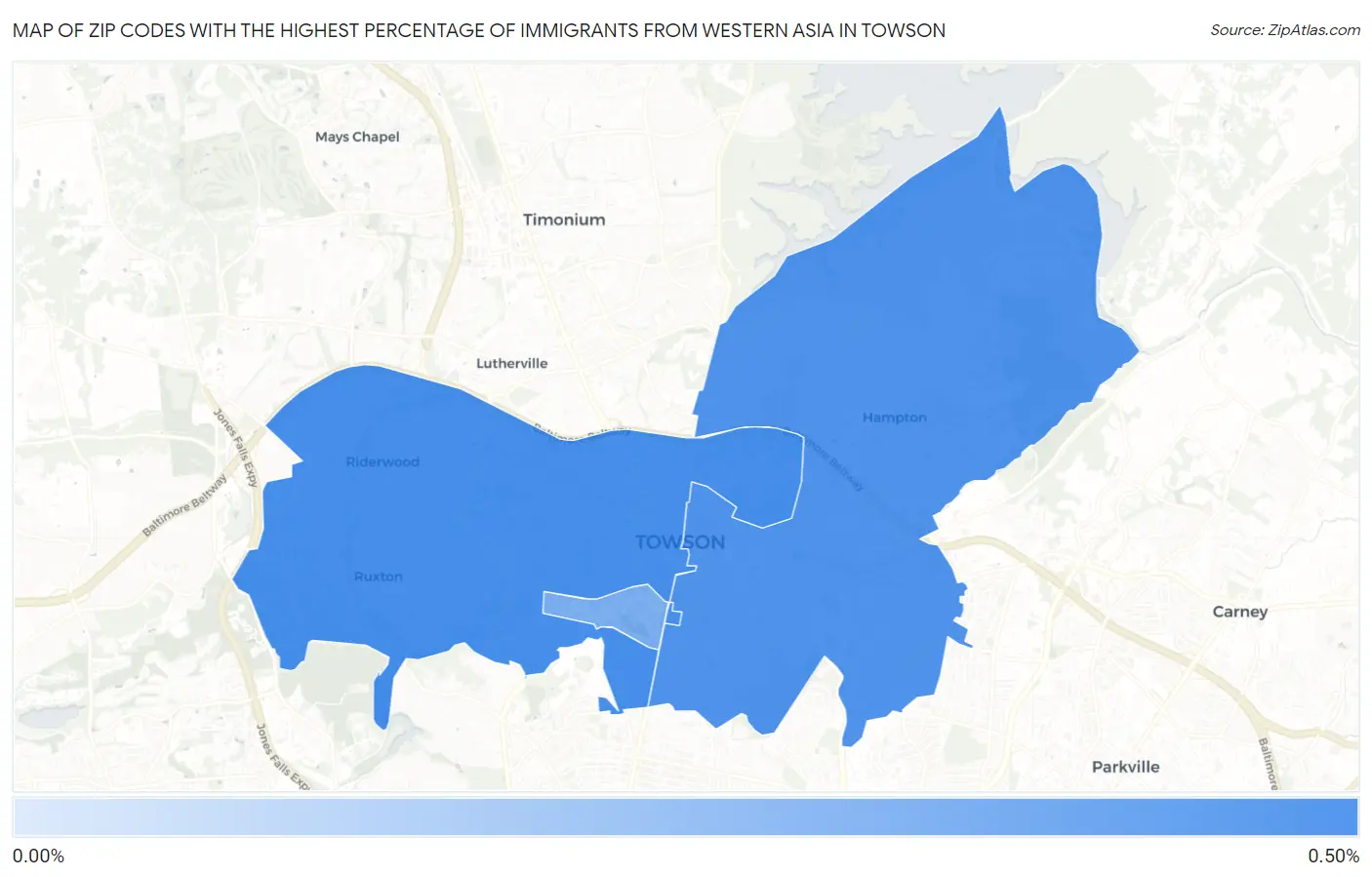 Zip Codes with the Highest Percentage of Immigrants from Western Asia in Towson Map
