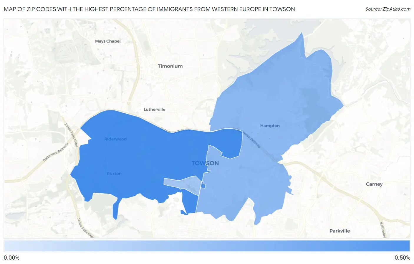 Zip Codes with the Highest Percentage of Immigrants from Western Europe in Towson Map