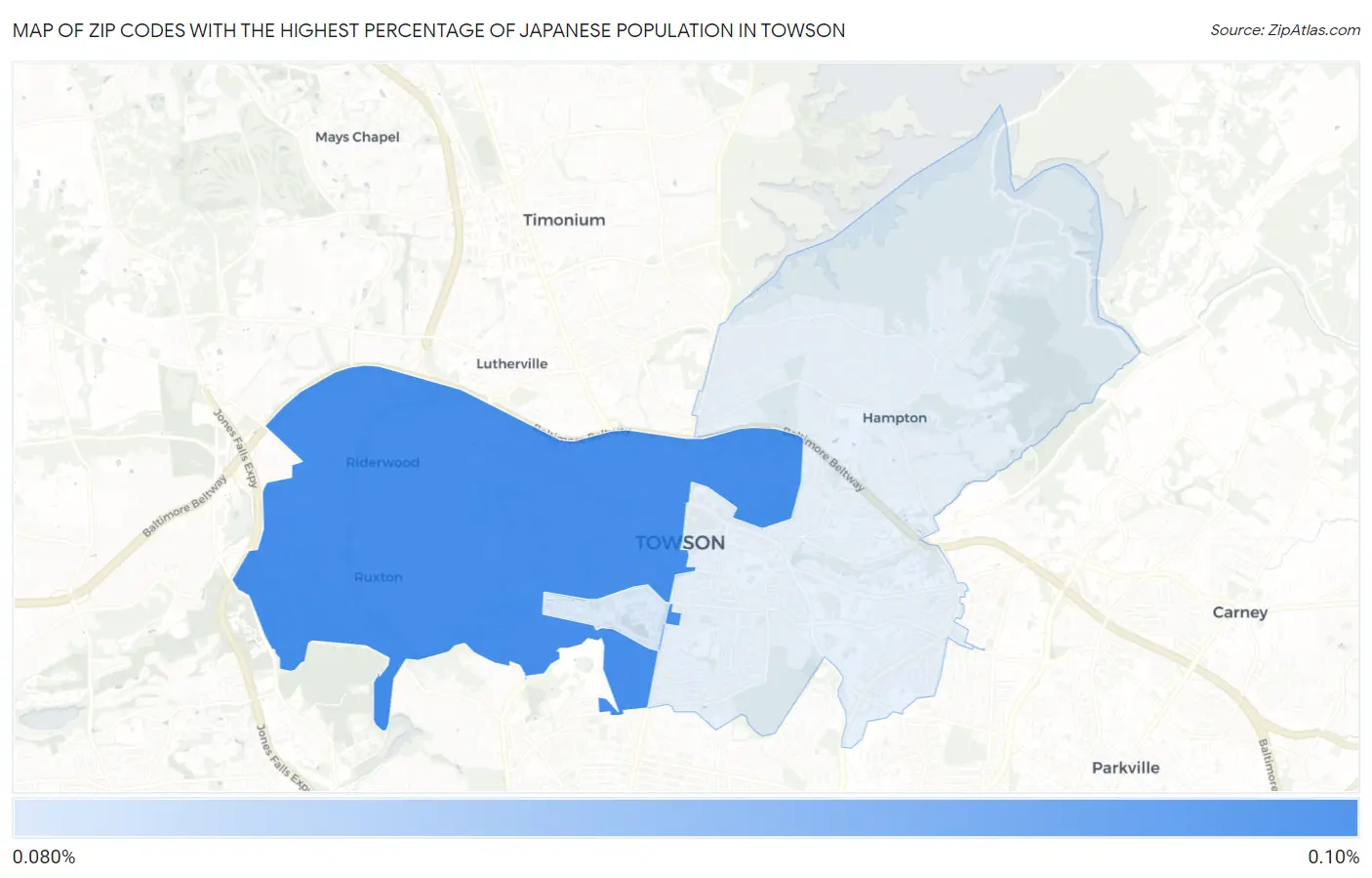 Zip Codes with the Highest Percentage of Japanese Population in Towson Map