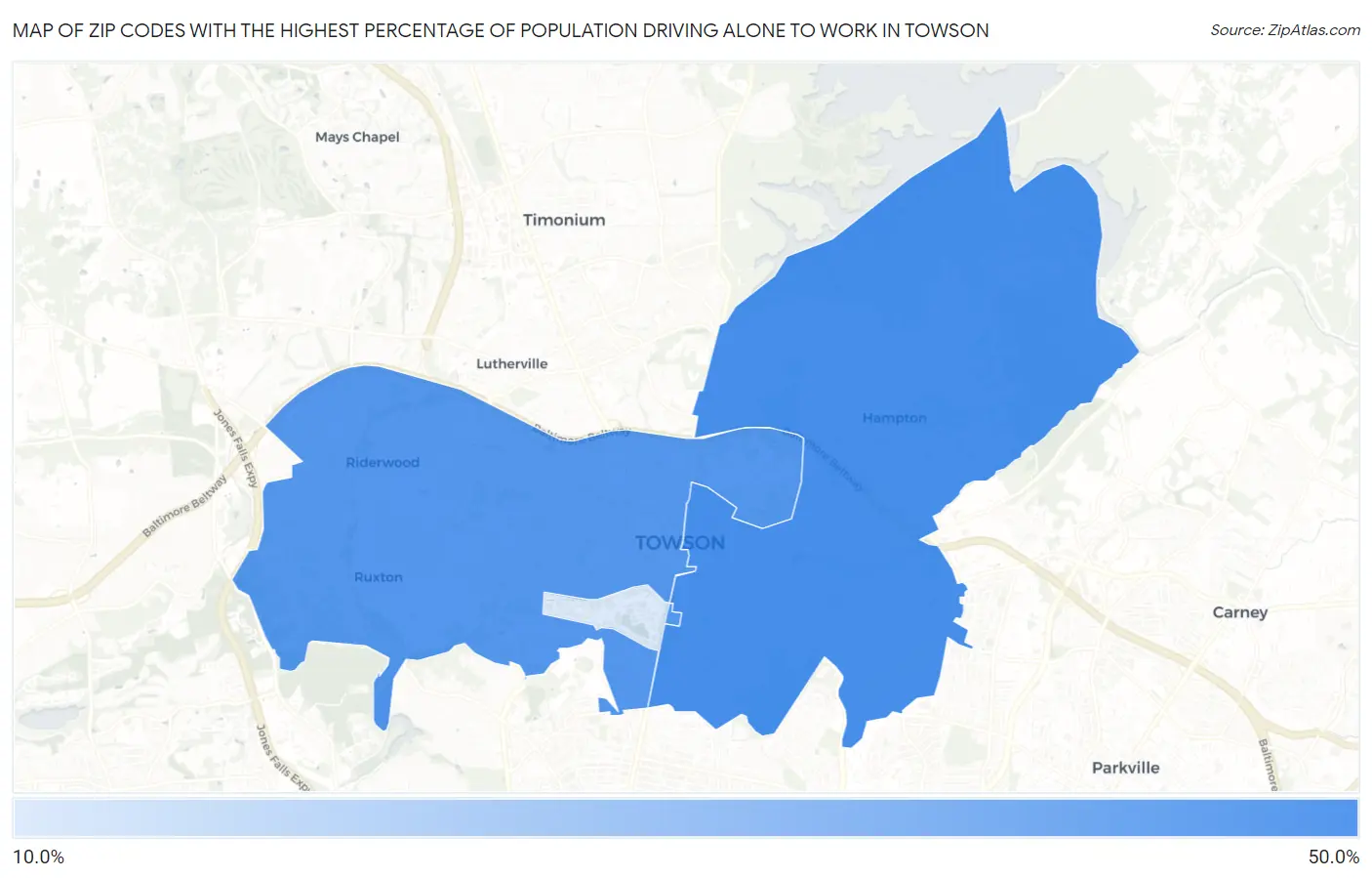 Zip Codes with the Highest Percentage of Population Driving Alone to Work in Towson Map