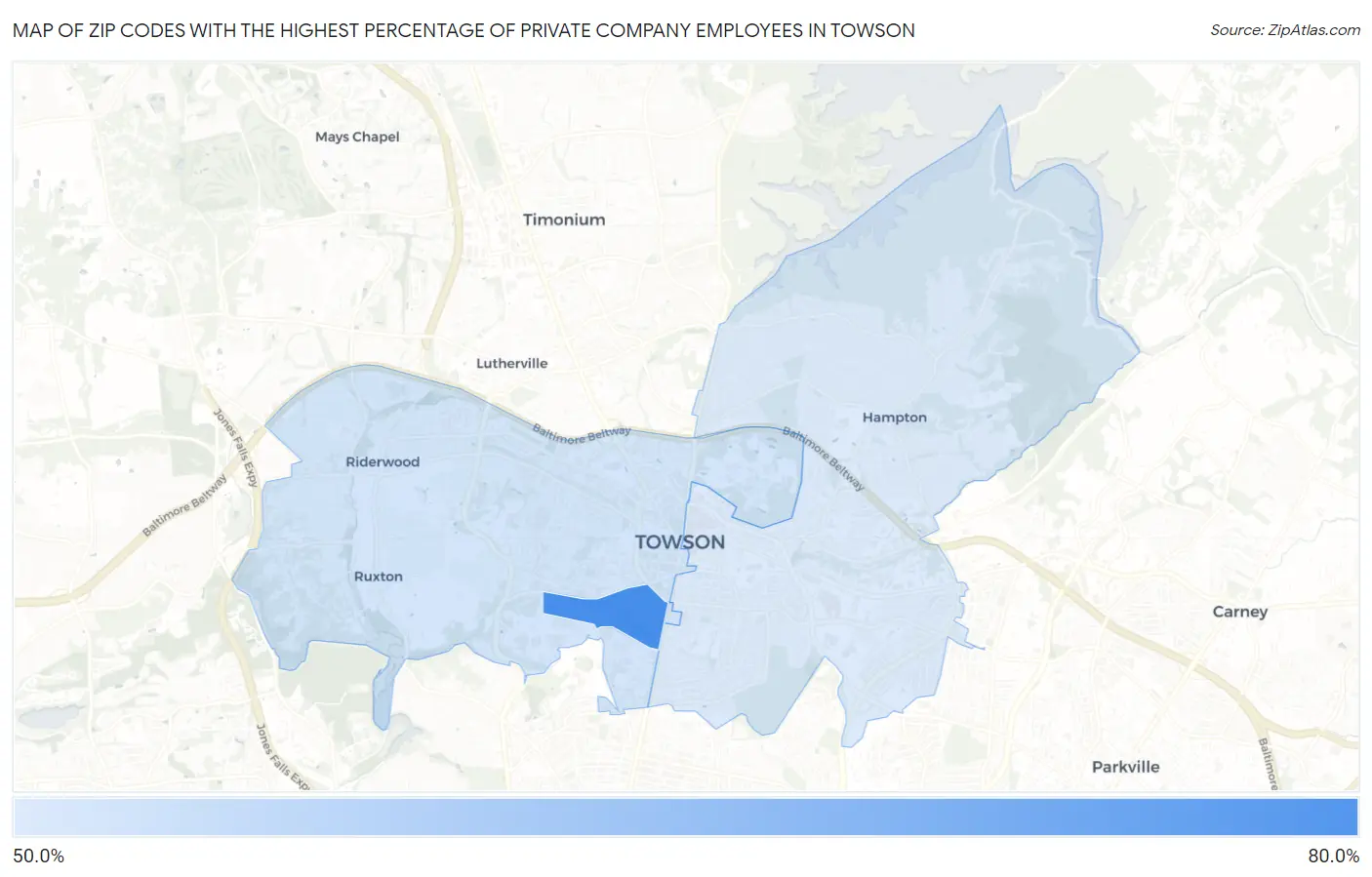 Zip Codes with the Highest Percentage of Private Company Employees in Towson Map