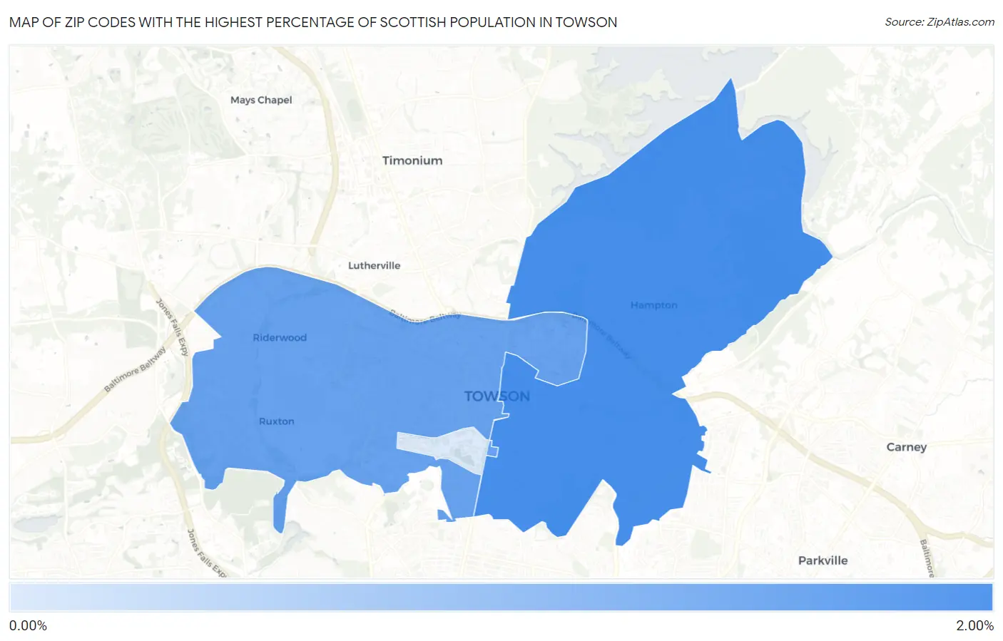 Zip Codes with the Highest Percentage of Scottish Population in Towson Map