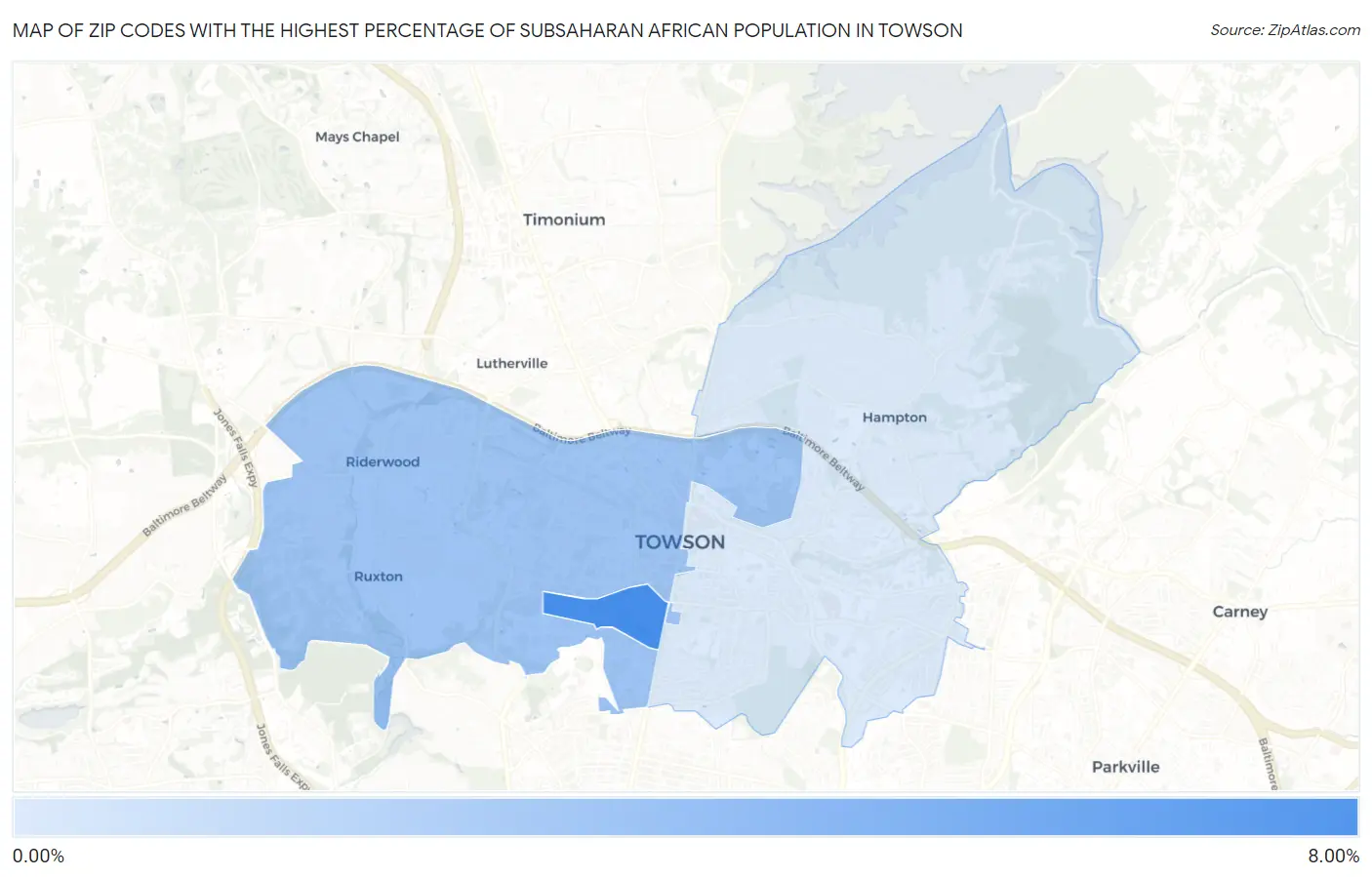 Zip Codes with the Highest Percentage of Subsaharan African Population in Towson Map
