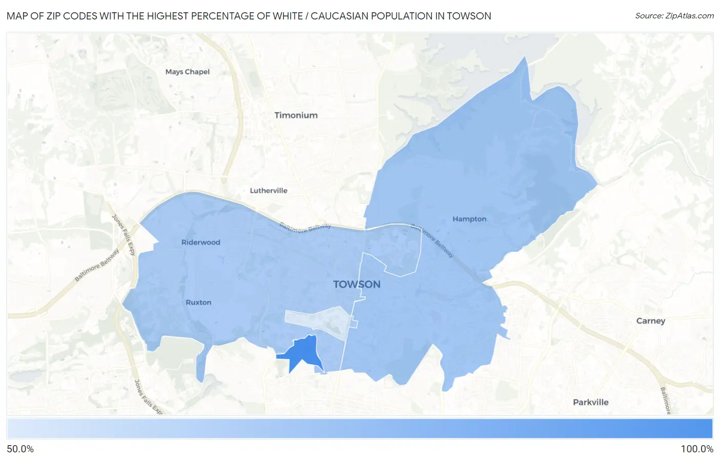 Zip Codes with the Highest Percentage of White / Caucasian Population in Towson Map