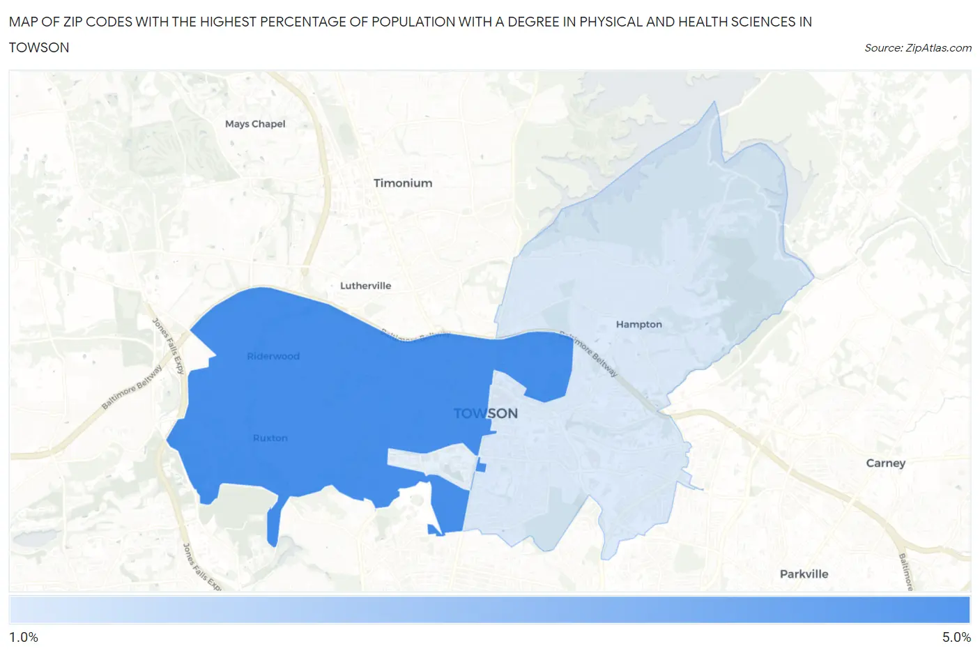 Zip Codes with the Highest Percentage of Population with a Degree in Physical and Health Sciences in Towson Map