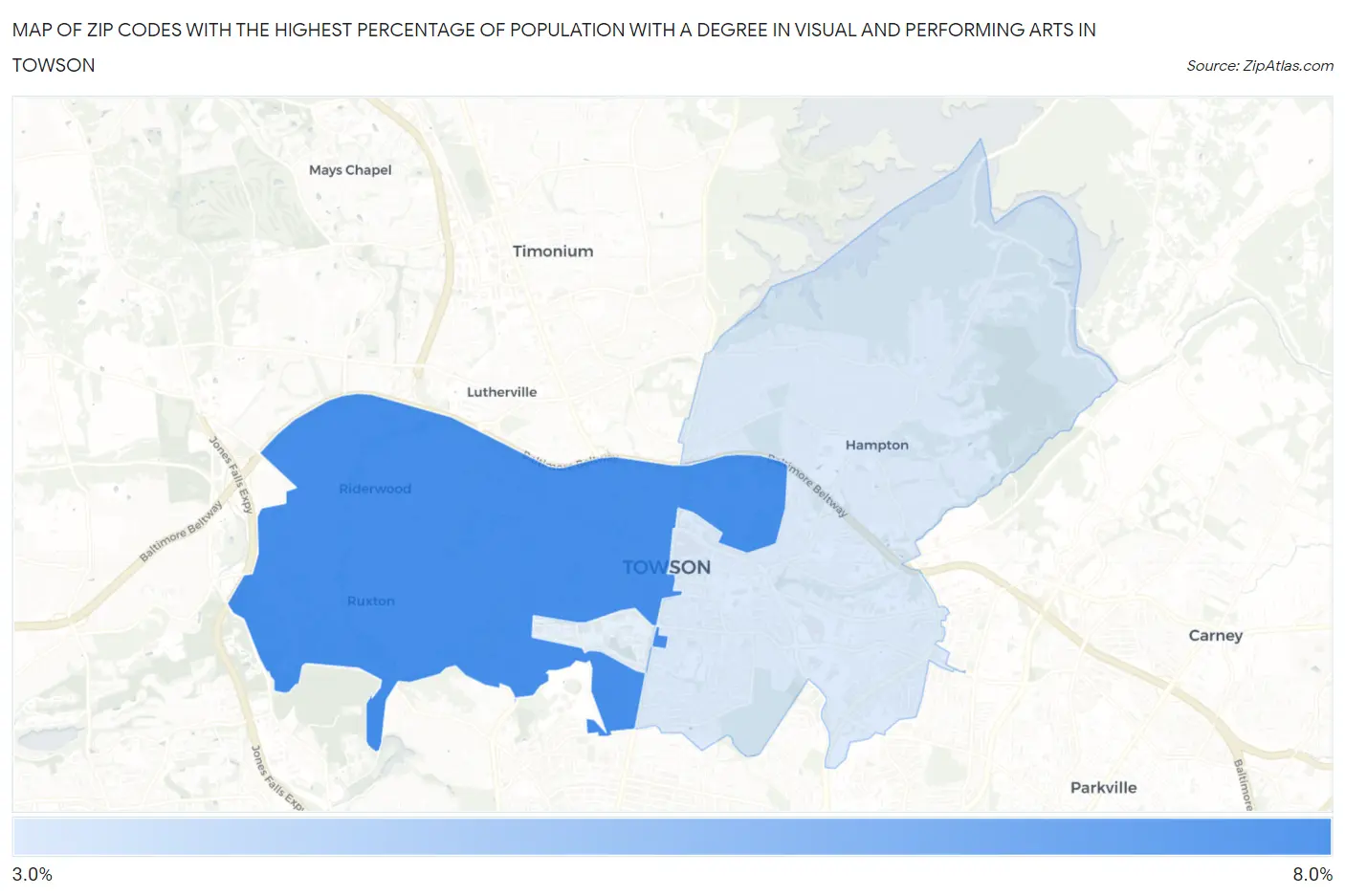 Zip Codes with the Highest Percentage of Population with a Degree in Visual and Performing Arts in Towson Map