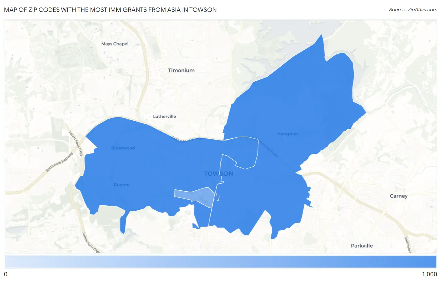 Zip Codes with the Most Immigrants from Asia in Towson Map