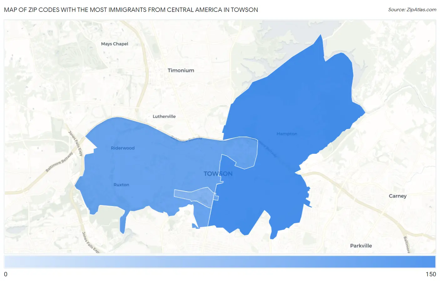 Zip Codes with the Most Immigrants from Central America in Towson Map
