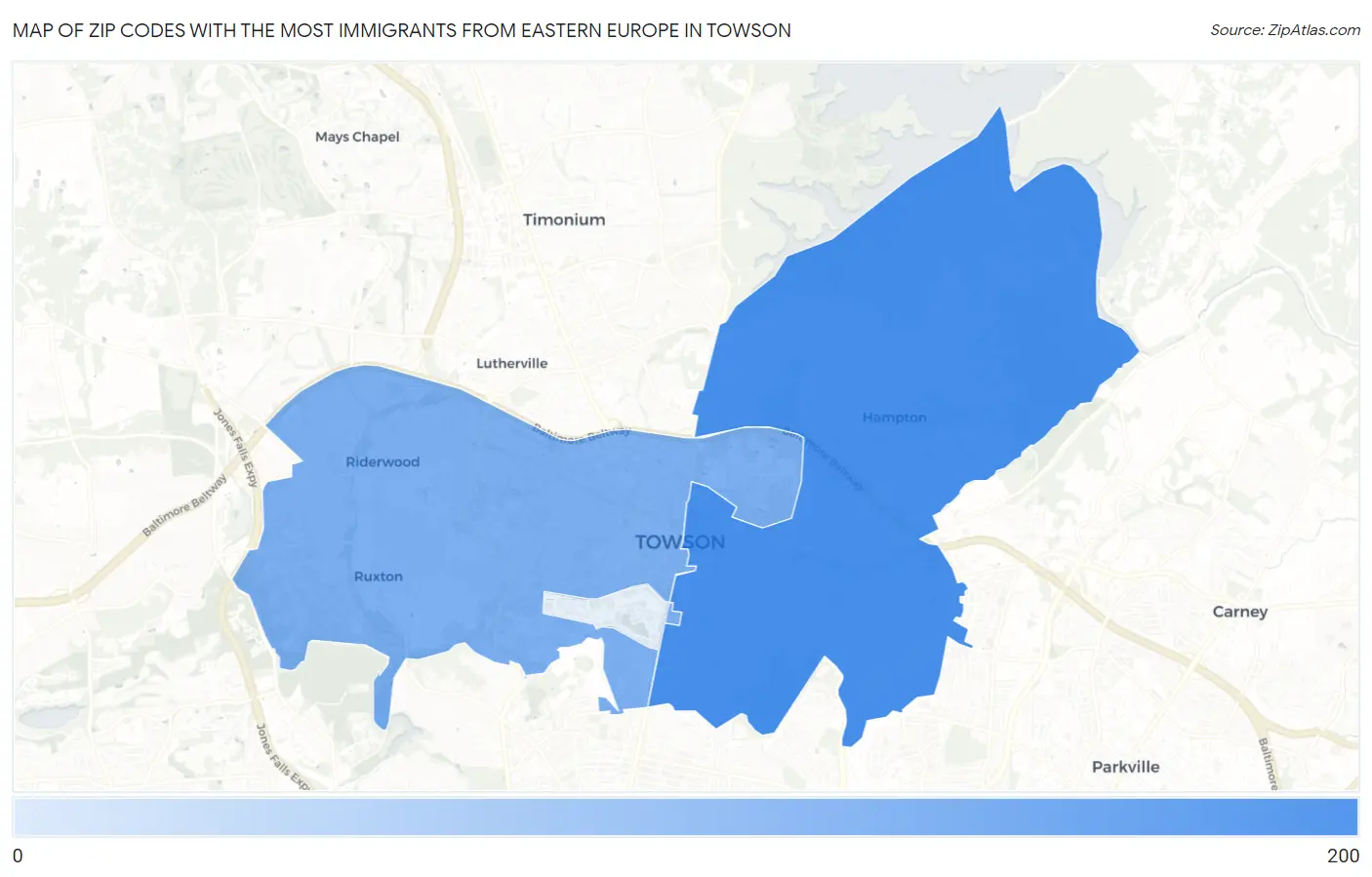 Zip Codes with the Most Immigrants from Eastern Europe in Towson Map
