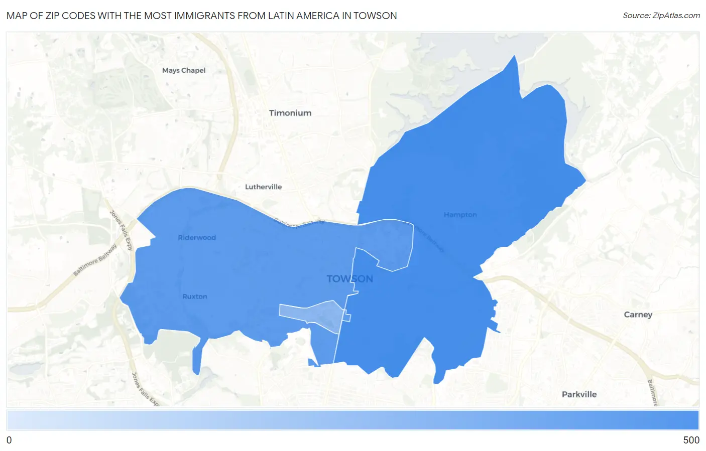 Zip Codes with the Most Immigrants from Latin America in Towson Map