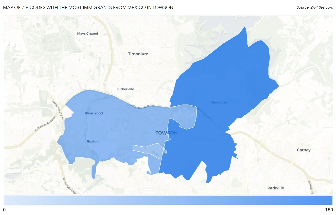 Zip Codes with the Most Immigrants from Mexico in Towson Map