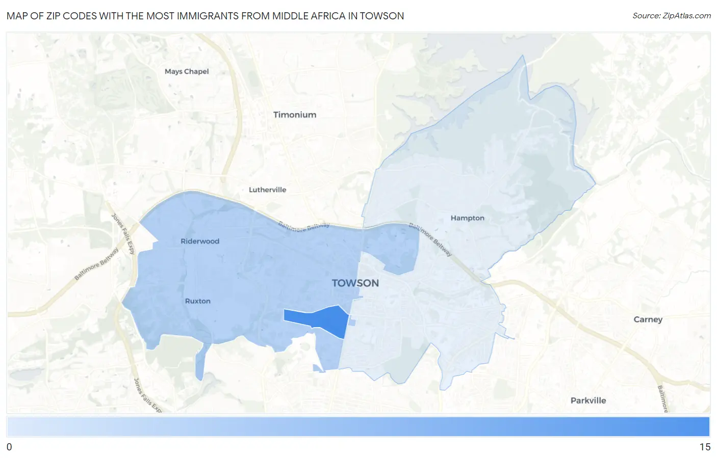 Zip Codes with the Most Immigrants from Middle Africa in Towson Map